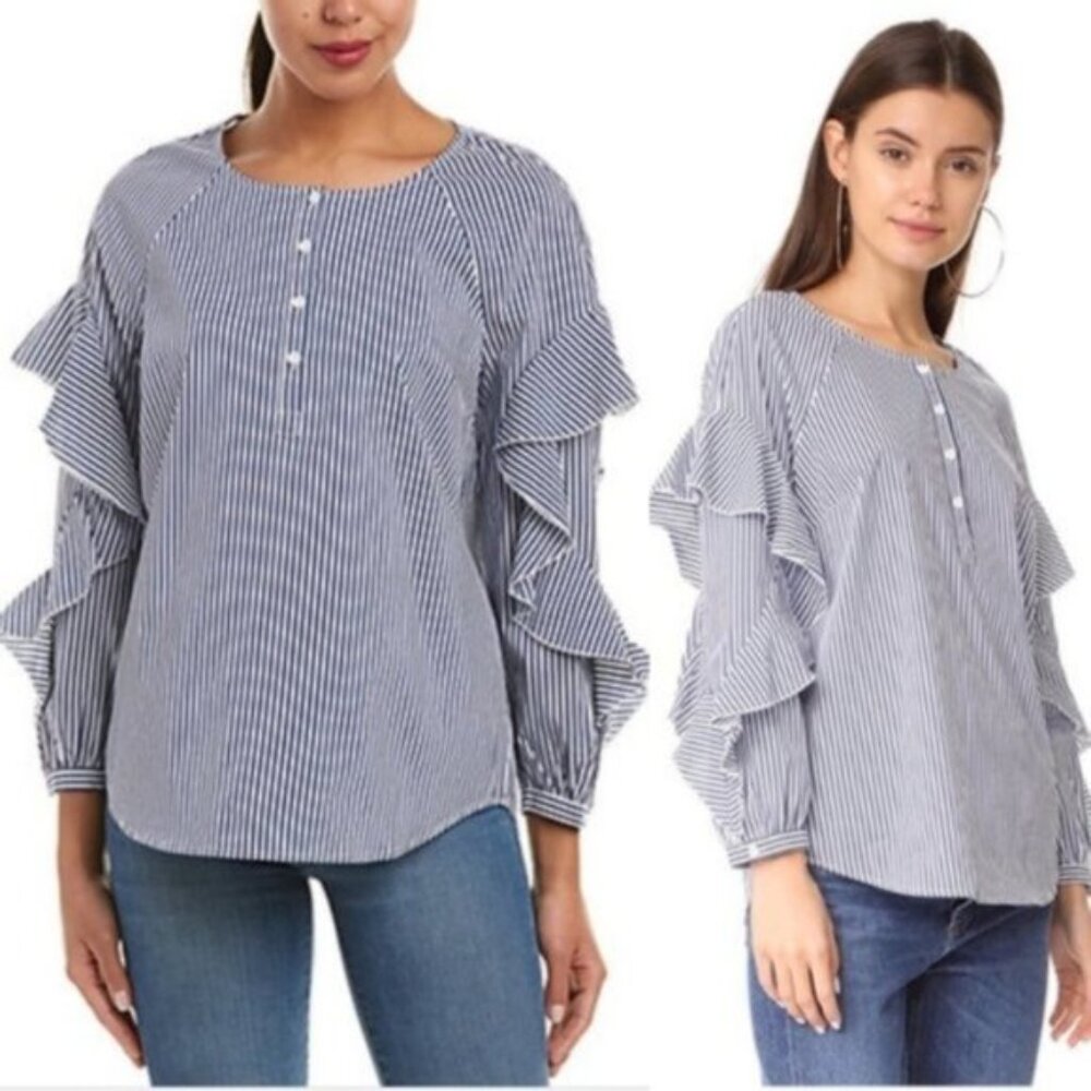 Splendid Blouse Top $128 Ruffle Balloon Sleeves Striped sz L Resort Casual Boho